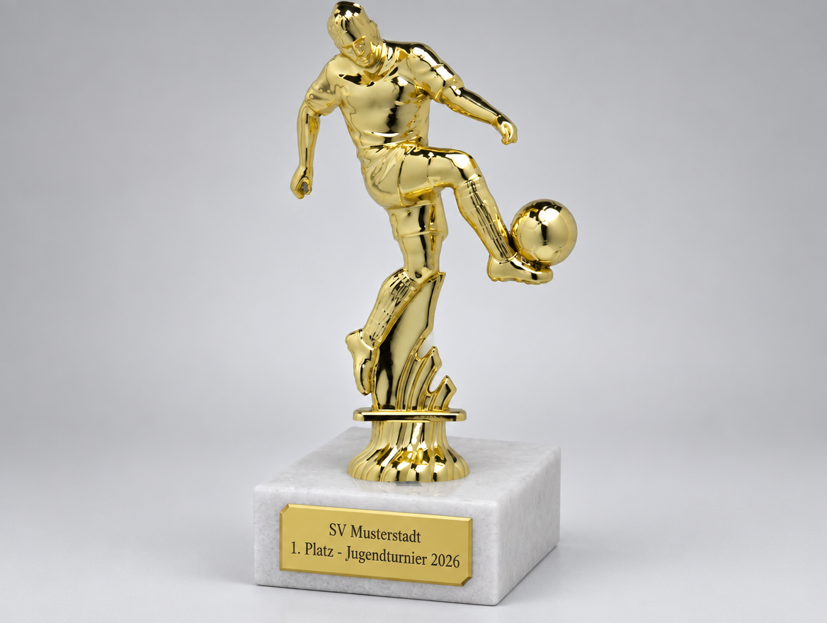 Fußballfigur Spieler 3D 11 cm Gold auf weißem Marmorsockel mit goldenem Gravurschild – Modell 06-P200
