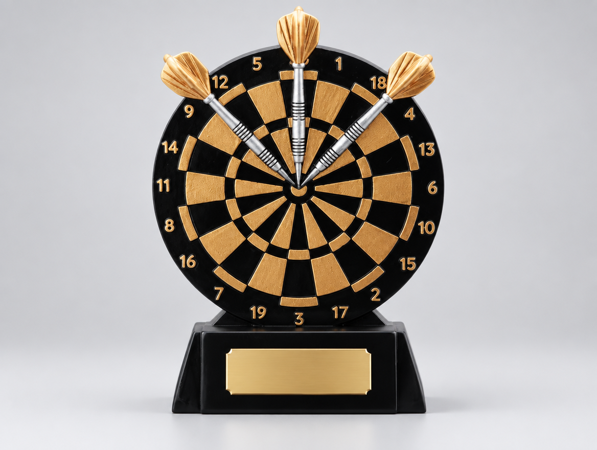Dart Trophäe Resin – Dartspieler-Figur 11,3 cm mit Gravurschild am Sockel, Modell 39748