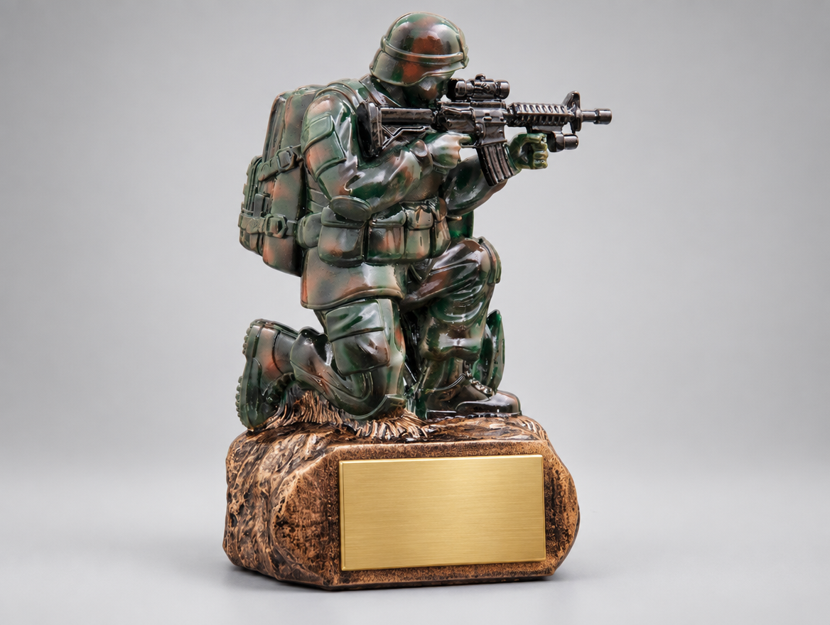 Soldat Ehrenpreis aus Resin, 13,3 cm, mit Gravurschild am Sockel – Modell 39829