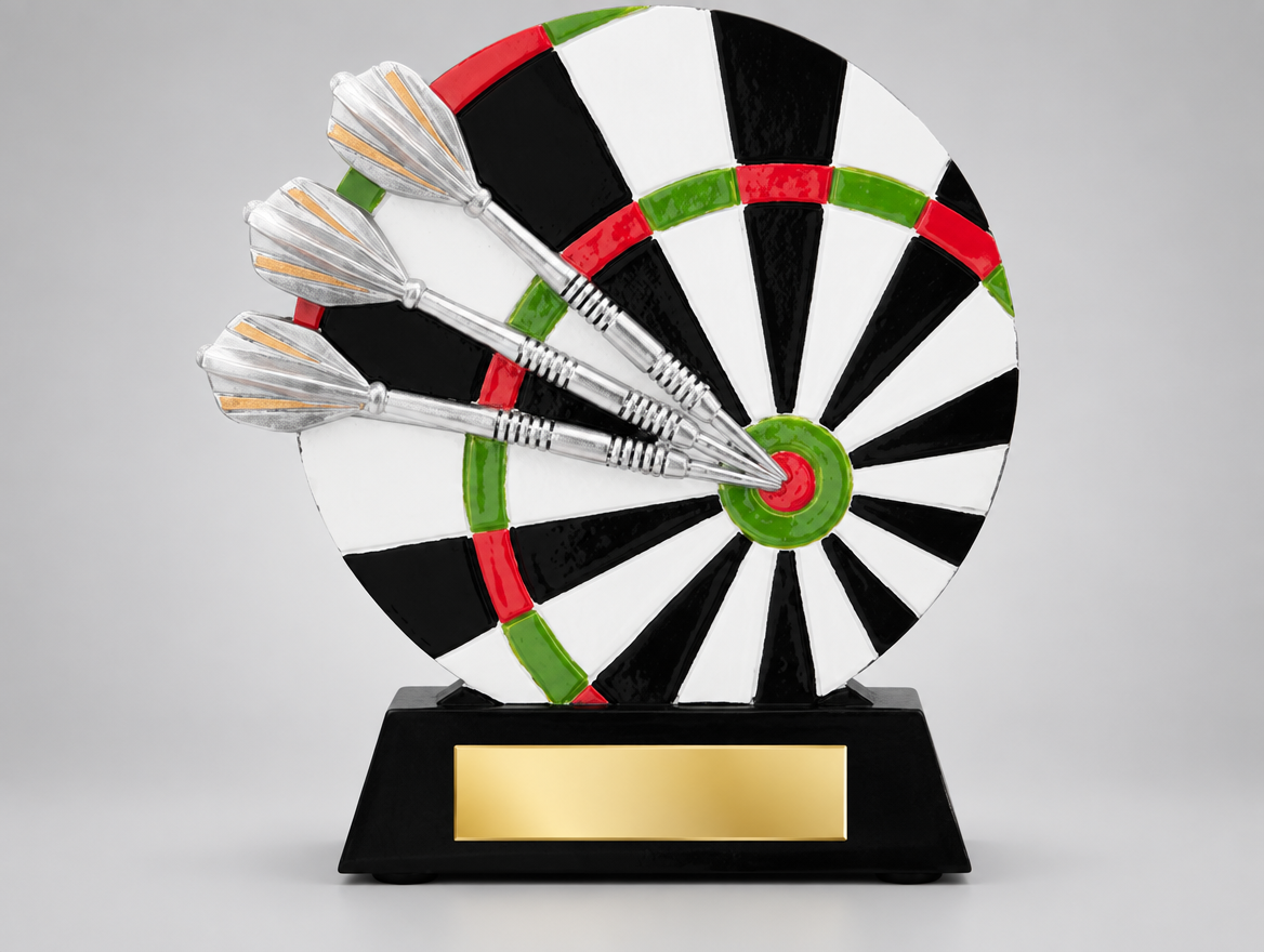 Dart Trophäe Resin – Dartspieler-Figur 13,2 cm mit großem Gravurschild, Modell 39752