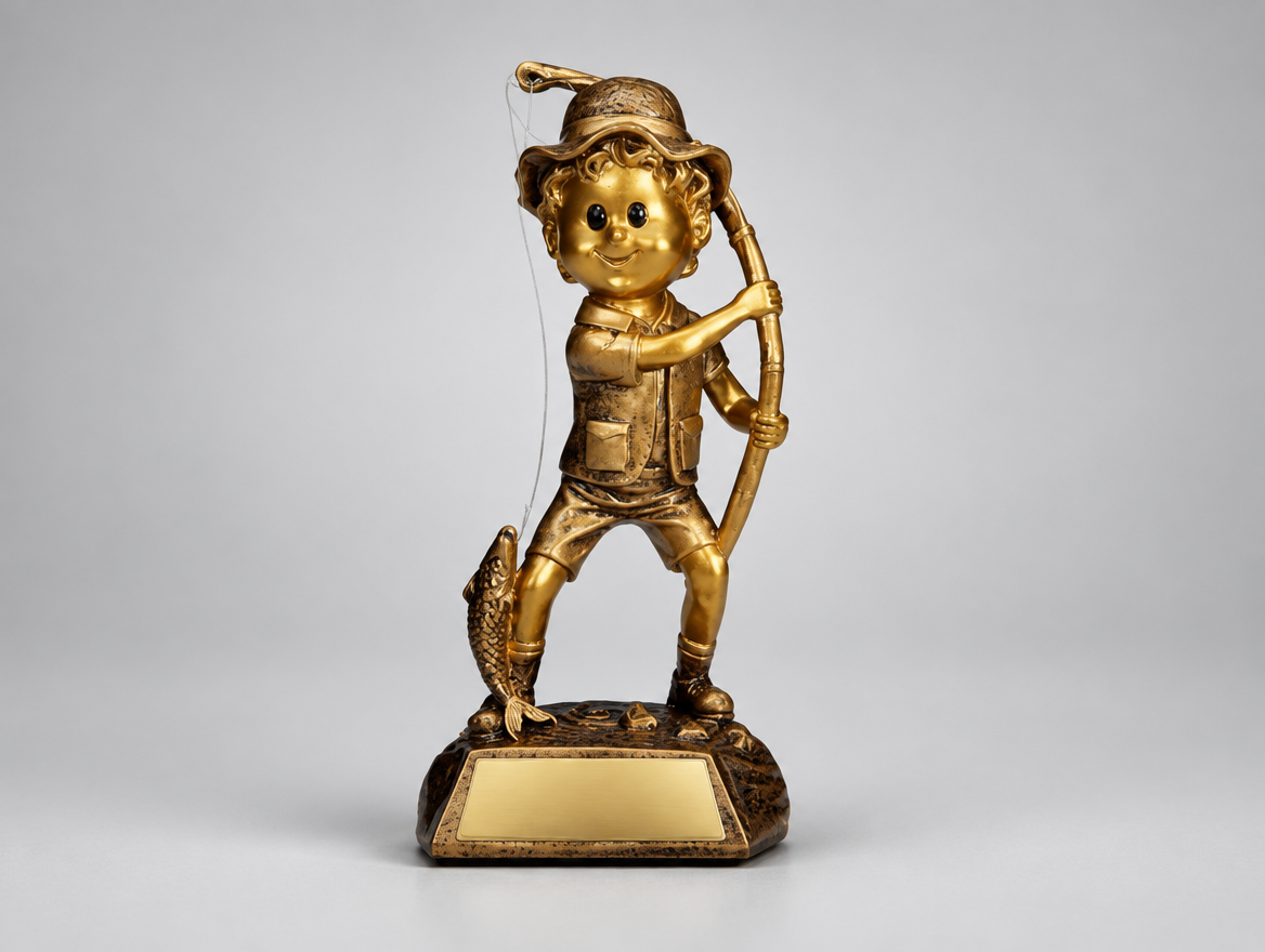 Angler Junior Trophäe Resin 16 cm mit Gravurschild, Modell 39645