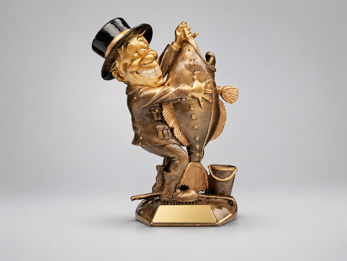 Angler Trophäe Resin 29 cm mit Gravurschild, Modell 39644