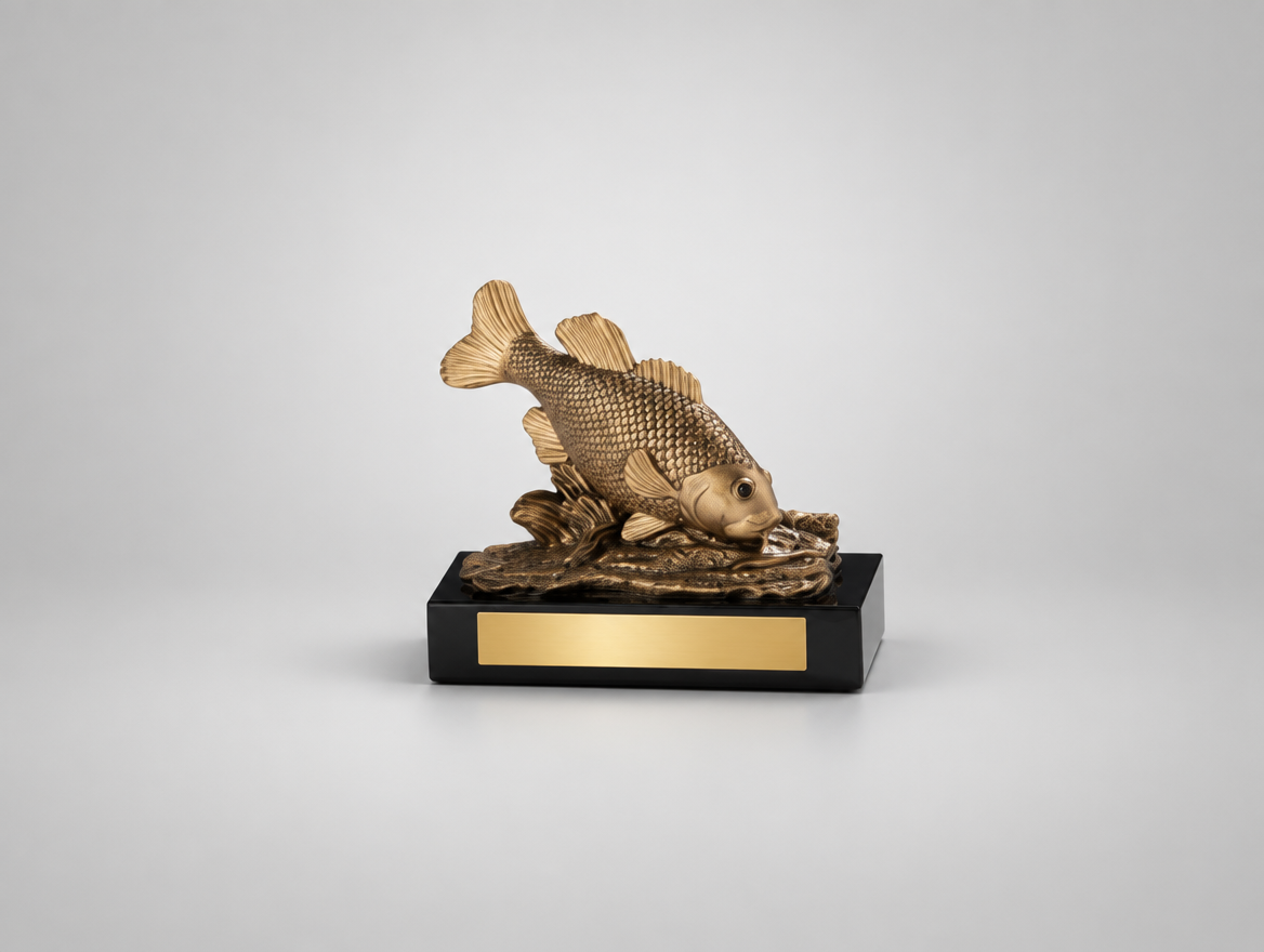 Angel Trophäe Resin – liegender Fisch 15,7 cm mit breitem Gravurschild, Modell 39592