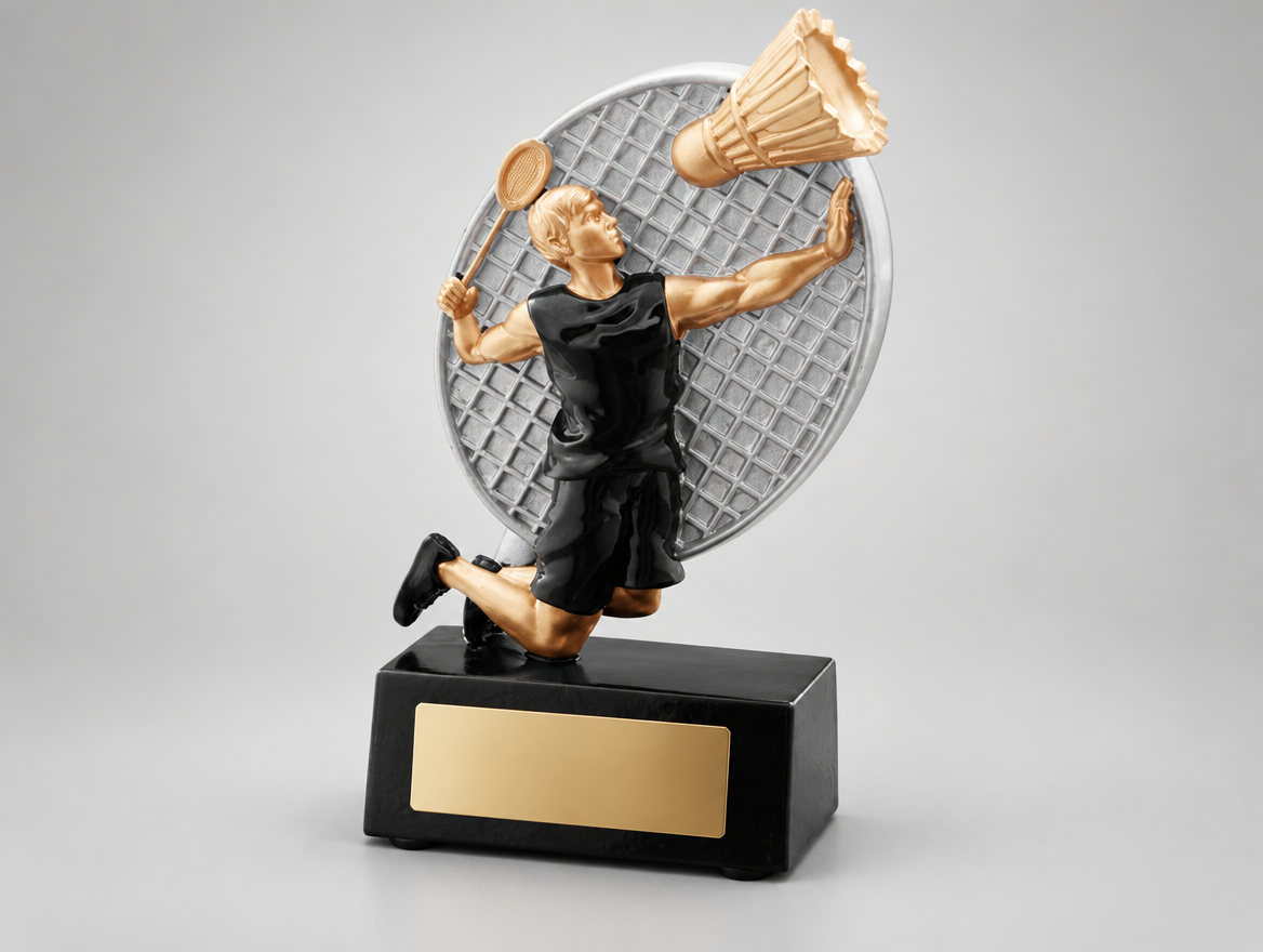 Badminton Trophäe Resin 12,7 cm mit großem Gravurschild, Modell 39809