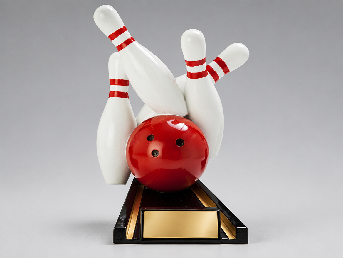 Bowling Trophäe Resin in 3 Größen mit Gravurschild am Sockel, Modell 39495