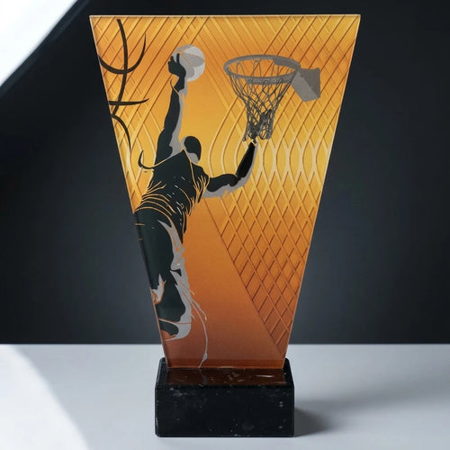 Monochrom Glastrophäe auf Marmorsockel Basketball (07-VL1_BAS_BK)