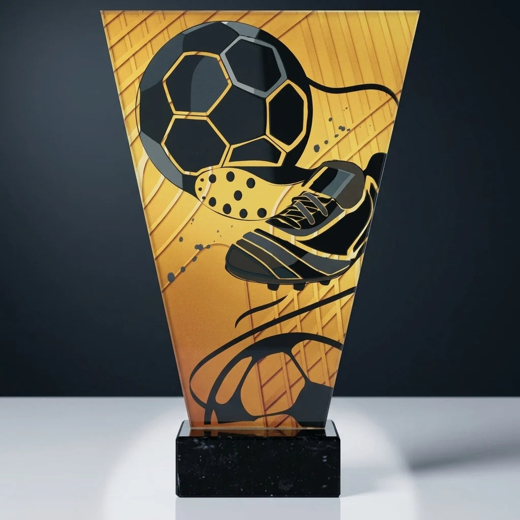 Monochrom Glastrophäe auf Marmorsockel Fußball Ball Schuh (07-VL1_SOC3_BK)