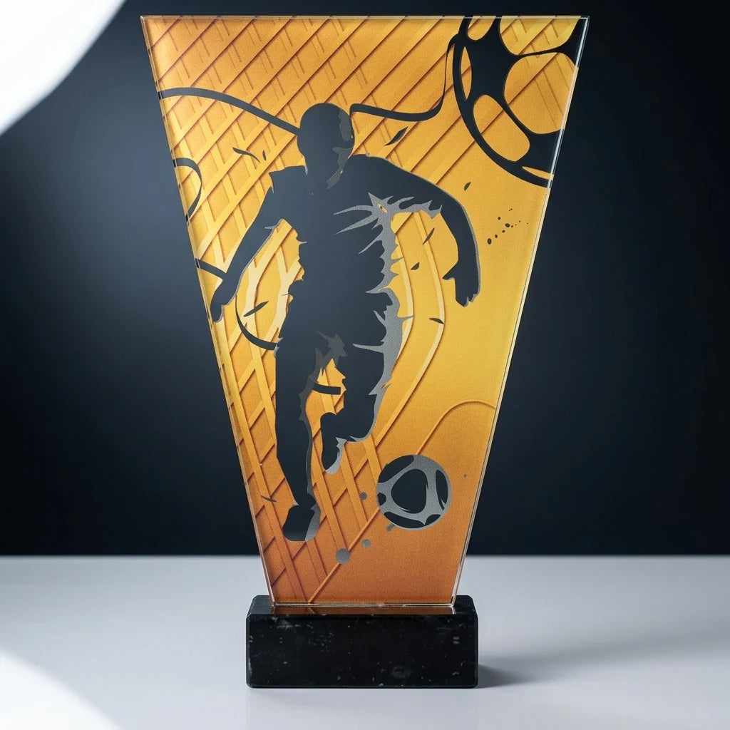 Monochrom Glastrophäe auf Marmorsockel Fußball Fußballspieler (07-VL1_SOC2_BK)