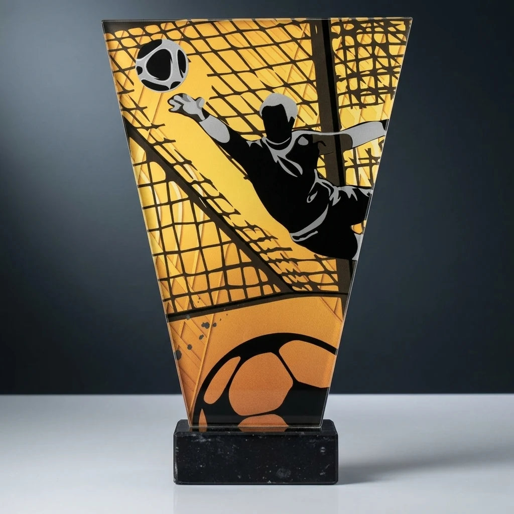 Monochrom Glastrophäe auf Marmorsockel Fußball Torwart (07-VL1_SOC4_BK)