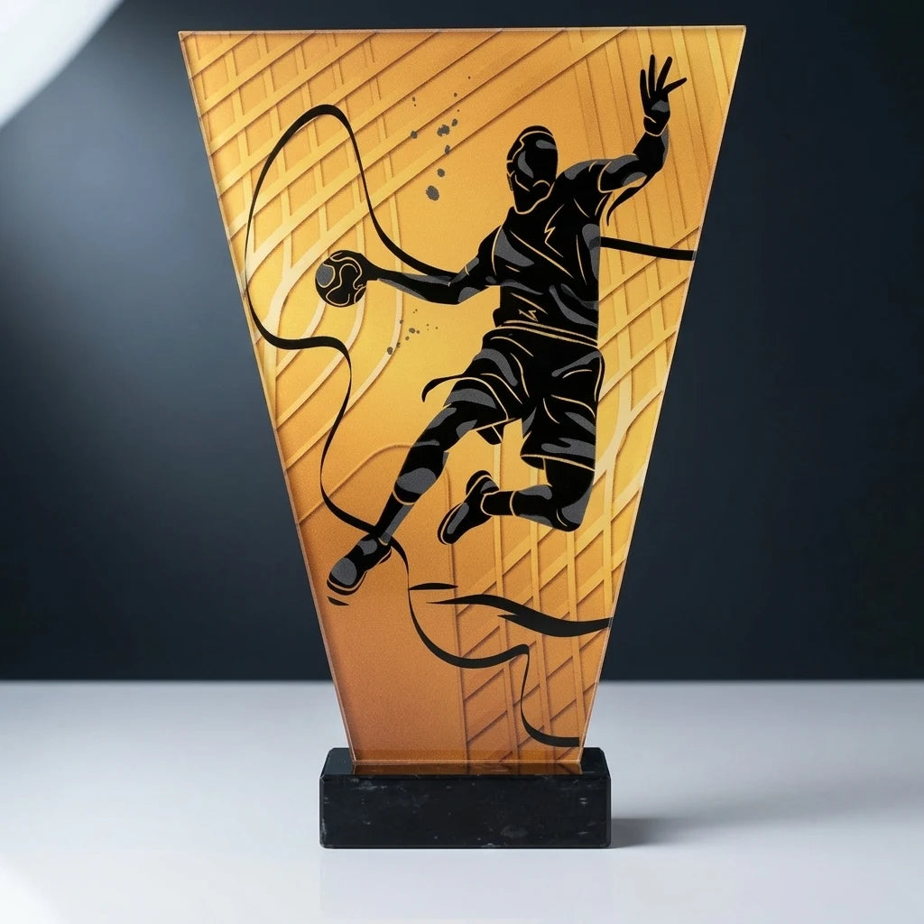 Monochrom Glastrophäe auf Marmorsockel Handball (07-VL1_HAN_BK)
