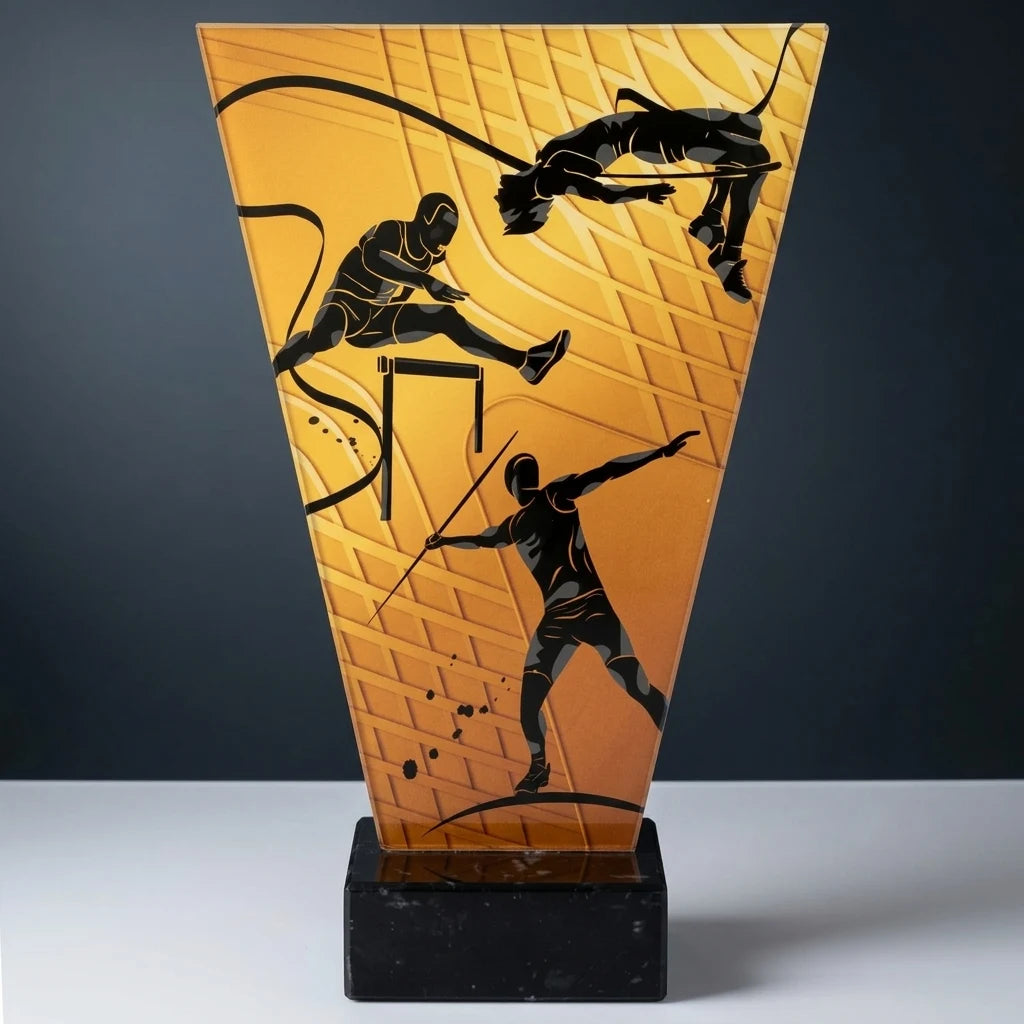 Monochrom Glastrophäe auf Marmorsockel Leichtathletik (07-VL1_ATH_BK)