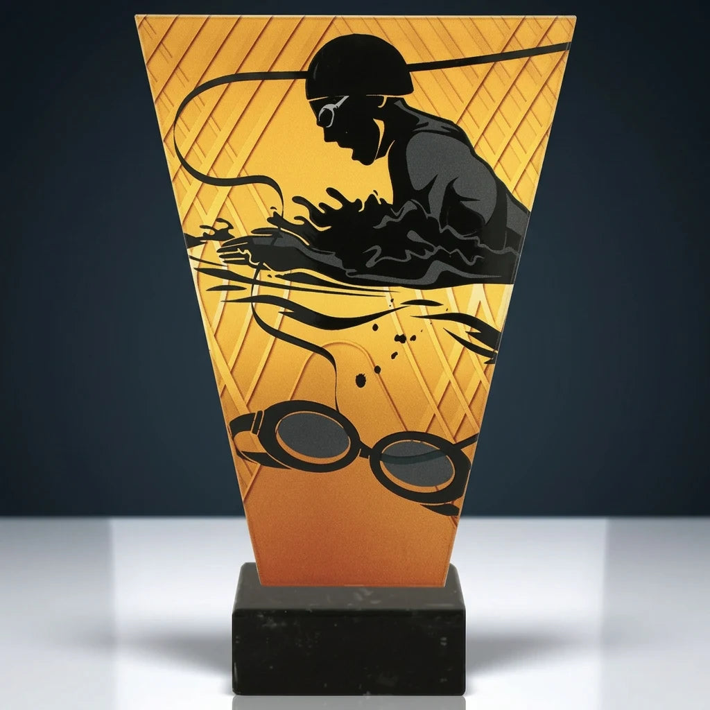Monochrom Glastrophäe auf Marmorsockel Schwimmen (07-VL1_SWI_BK)