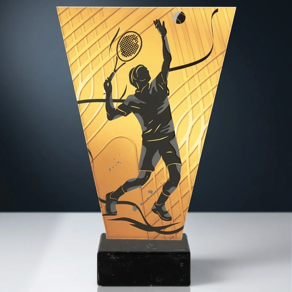 Monochrom Glastrophäe auf Marmorsockel Tennis Mann (07-VL1_TEN2_BK)
