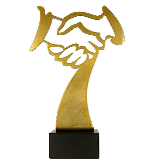 Metalltrophäe auf Marmorsockel Handschlag