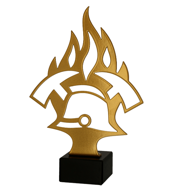 Metalltrophäe auf Marmorsockel Feuerwehr insygnia