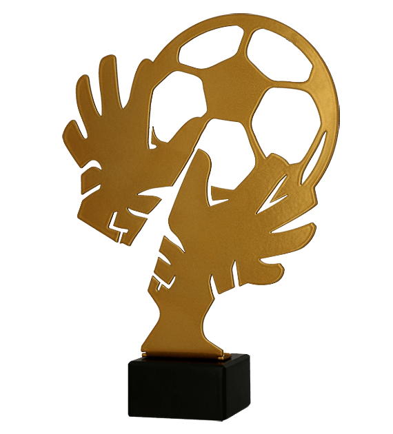 Metalltrophäe auf Marmorsockel Fußball Torwarthandschuh und Ball ver. 2