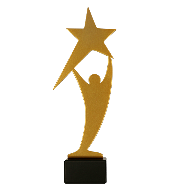 Metalltrophäe auf Marmorsockel Mensch + Stern