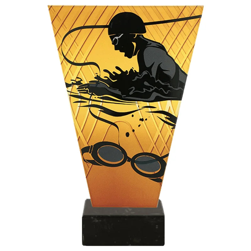 Monochrom Glastrophäe auf Marmorsockel Schwimmen (07-VL1_SWI_BK)