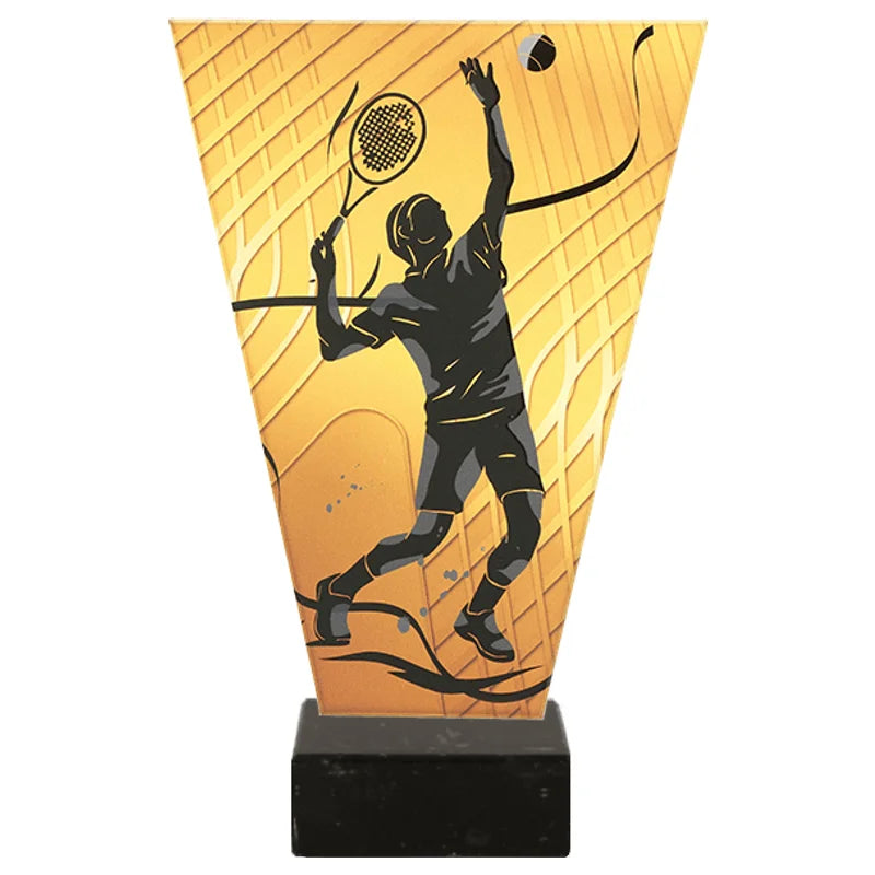 Monochrom Glastrophäe auf Marmorsockel Tennis Mann (07-VL1_TEN2_BK)
